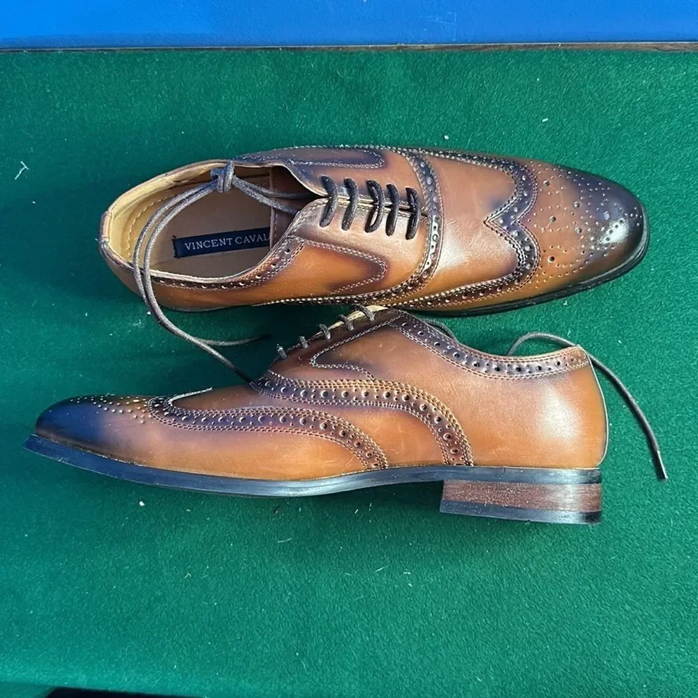 Vincent Cavallo Brown Leather Wingtip Dress Shoes Size 10 Lace-Up Oxford Men's